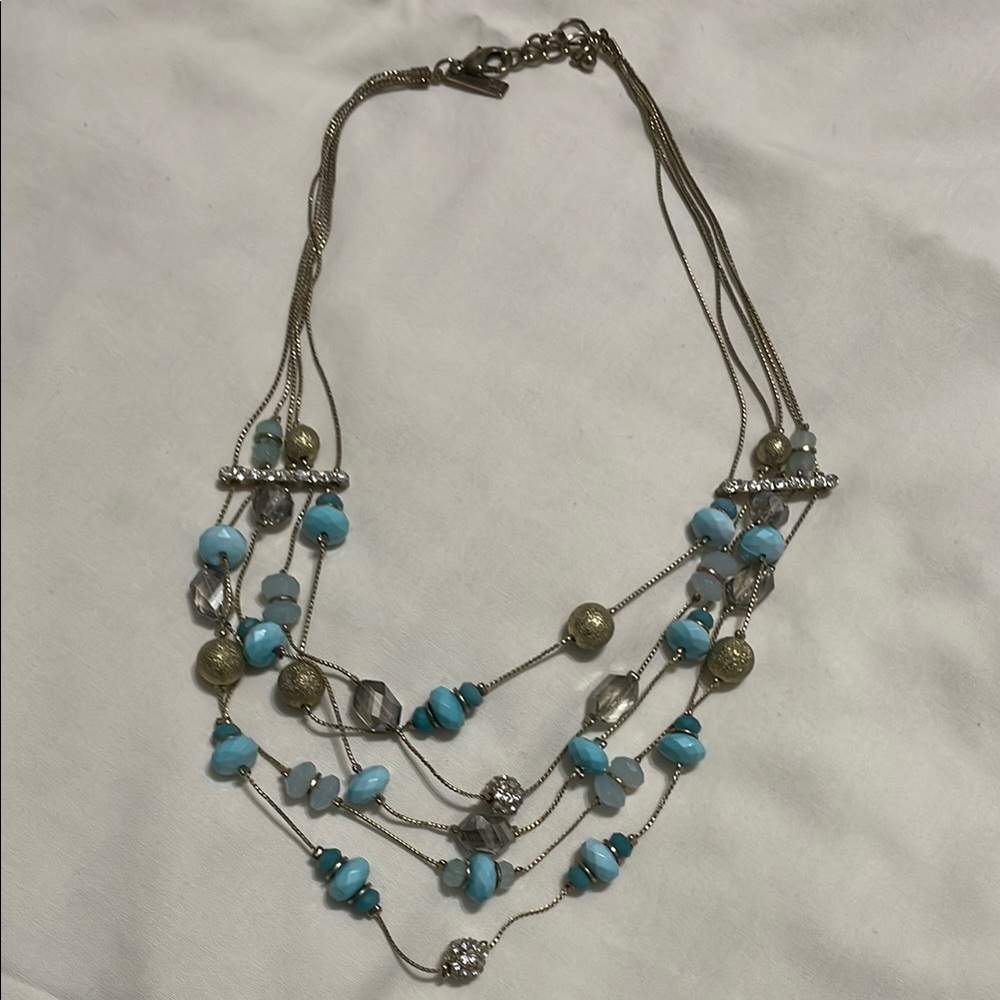 Blue and Gold Layered Necklace with Multi-Strand Design